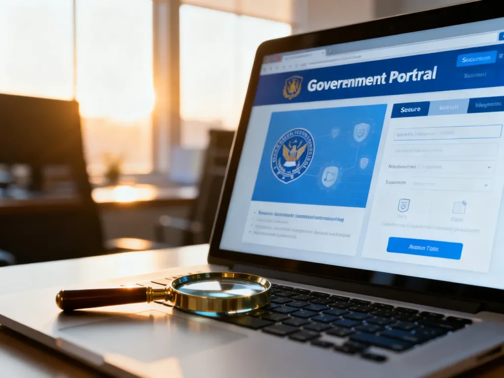 Ekran laptopa z otwartym portalem rządowym i lupa na klawiaturze, symbolizujące weryfikację składek ZUS online.