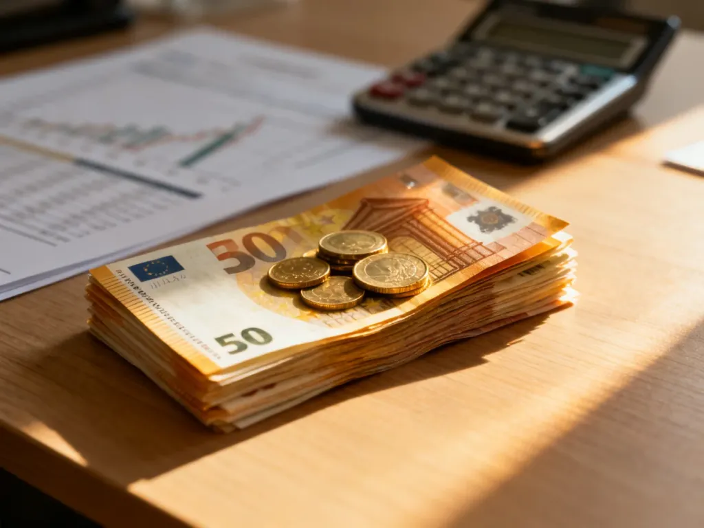 Stos banknotów i monet euro na biurku, symbolizujący planowanie budżetu domowego i kwestie finansowe.