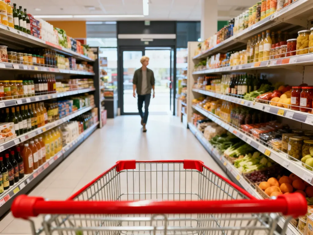 Nowoczesna alejka w sklepie spożywczym z uporządkowanymi produktami i wózkiem sklepowym na pierwszym planie.