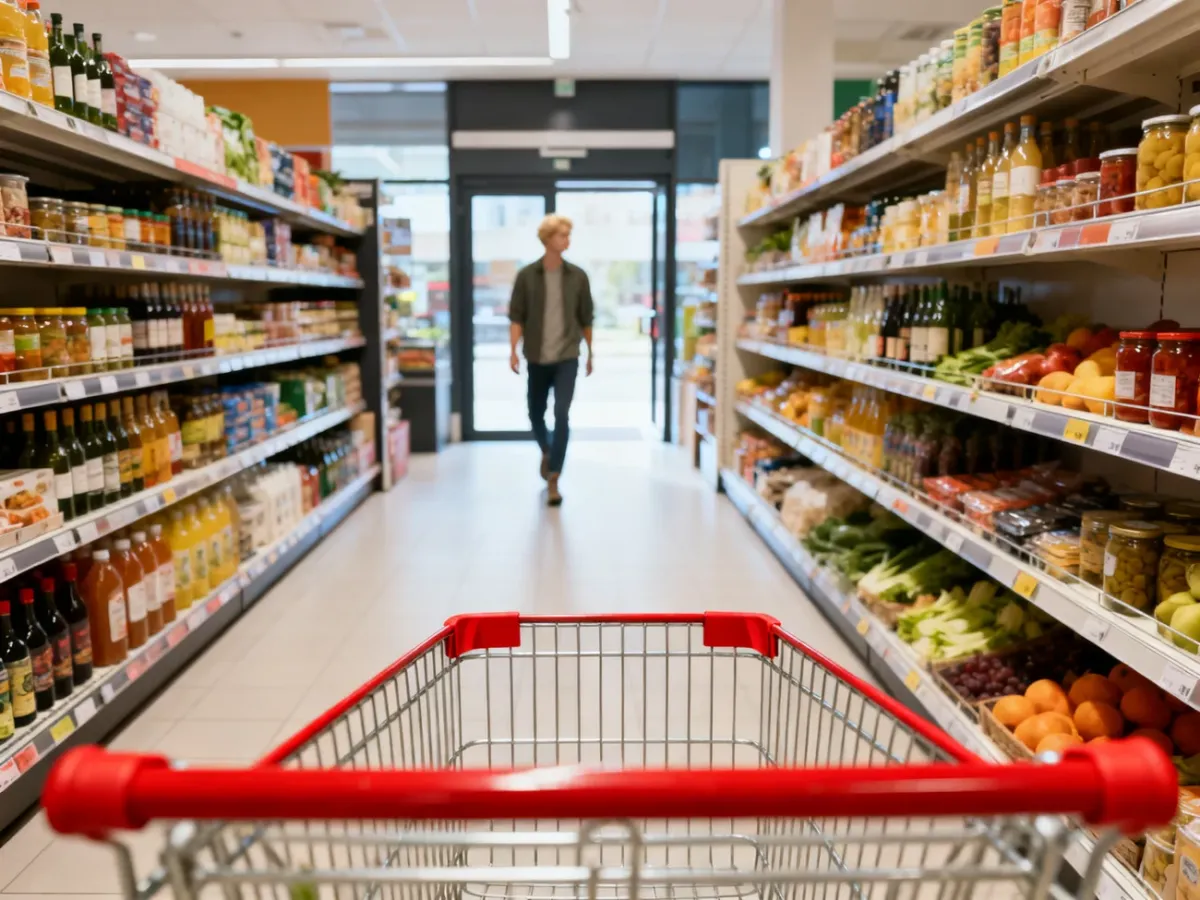 Nowoczesna alejka w sklepie spożywczym z uporządkowanymi produktami i wózkiem sklepowym na pierwszym planie.