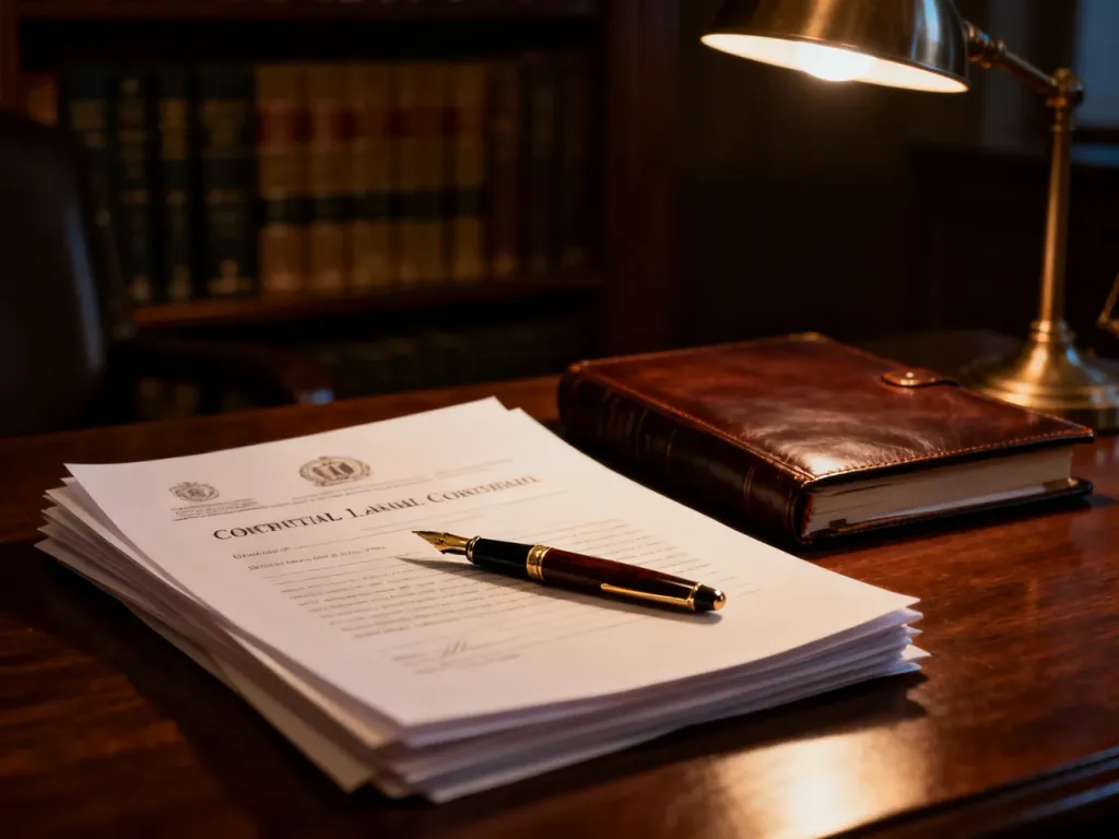 Stos dokumentów prawnych i pióro na biurku w gabinecie, symbolizujące formalne aspekty zwolnienia dyscyplinarnego.