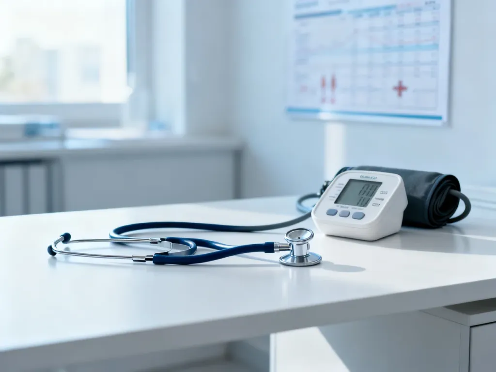 Nowoczesny gabinet lekarski z profesjonalnym sprzętem diagnostycznym, gotowy do przeprowadzenia badań medycyny pracy.